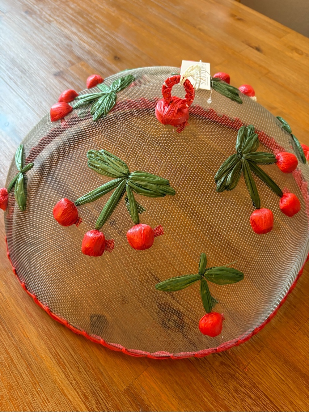 Soho loft-vtg mesh picnic food dome-Cover-RED cherries-Cherry-raffia-sea grass